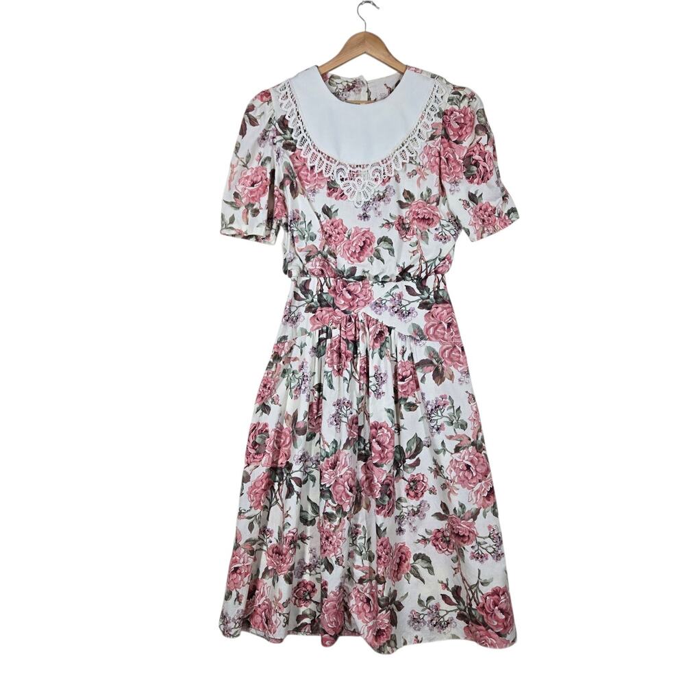 Vintage 80s Floral Midi Dress sz 13 Lace Collar Cottagecore Prairie Romantic